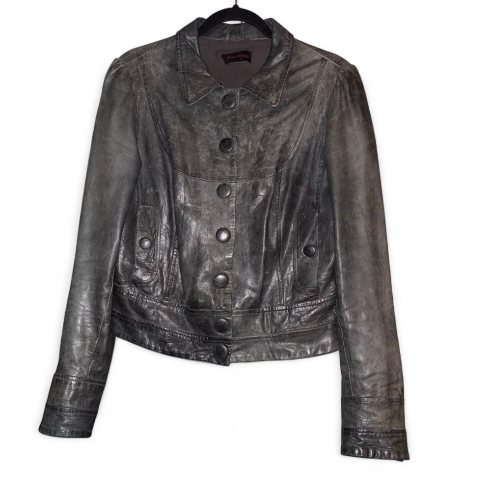 Miss Selfridge 2000s Grey Steampunk Distressed Snap Button Leather Jacket UK 14